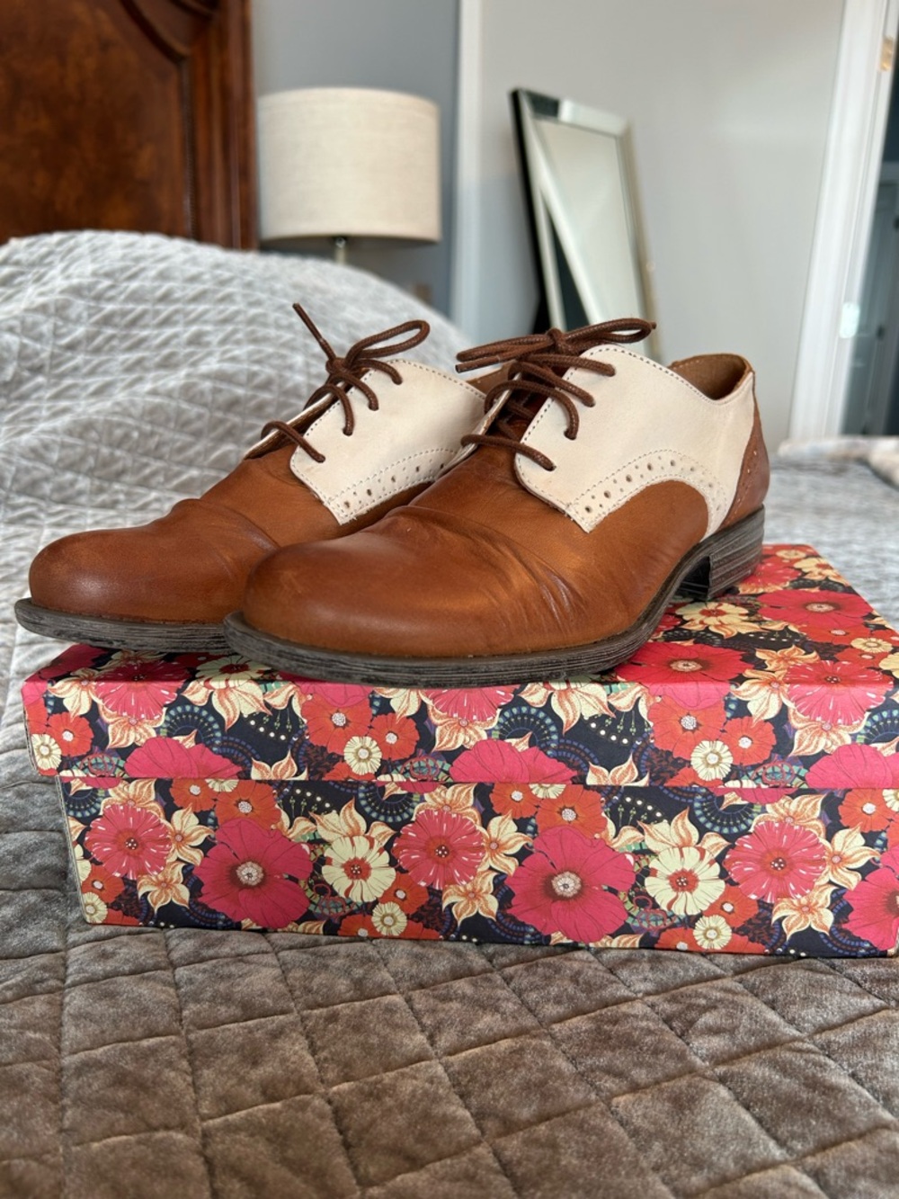 Miz Mooz Two-Tone Brown and Cream Oxford Flats